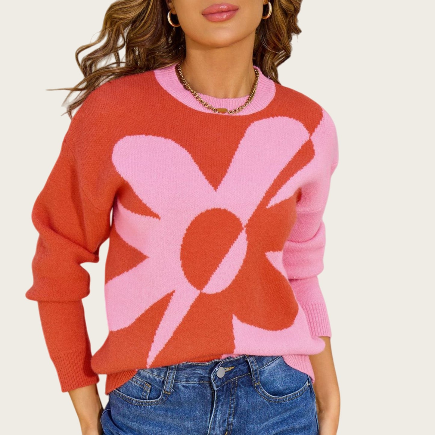 Anna-Kaci Women's Bold Graphic Floral Pattern Knit Sweater with Soft Crew Neckline and Relaxed Long Sleeve Pullover Fit