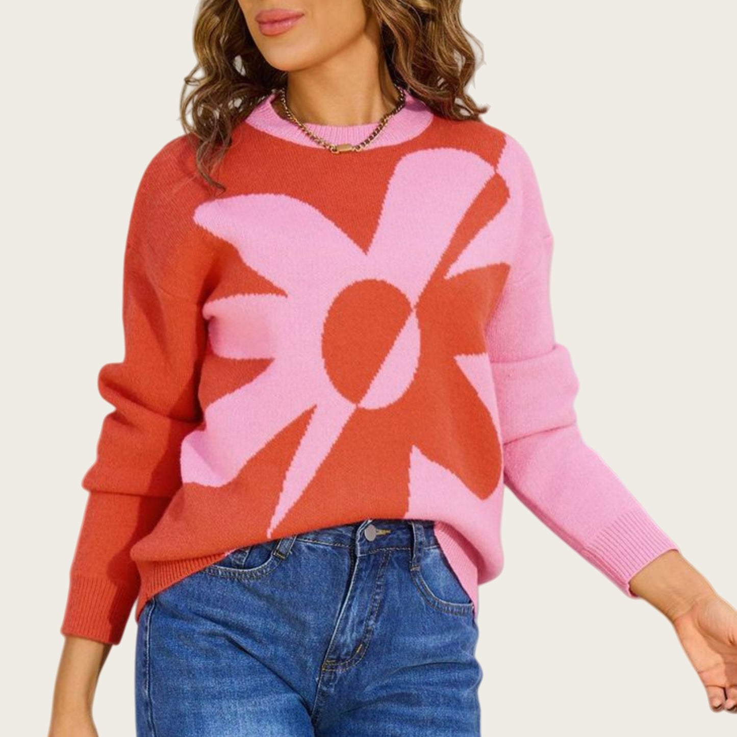 Anna-Kaci Women's Bold Graphic Floral Pattern Knit Sweater with Soft Crew Neckline and Relaxed Long Sleeve Pullover Fit