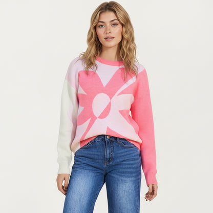 Anna-Kaci Women's Bold Graphic Floral Pattern Knit Sweater with Soft Crew Neckline and Relaxed Long Sleeve Pullover Fit