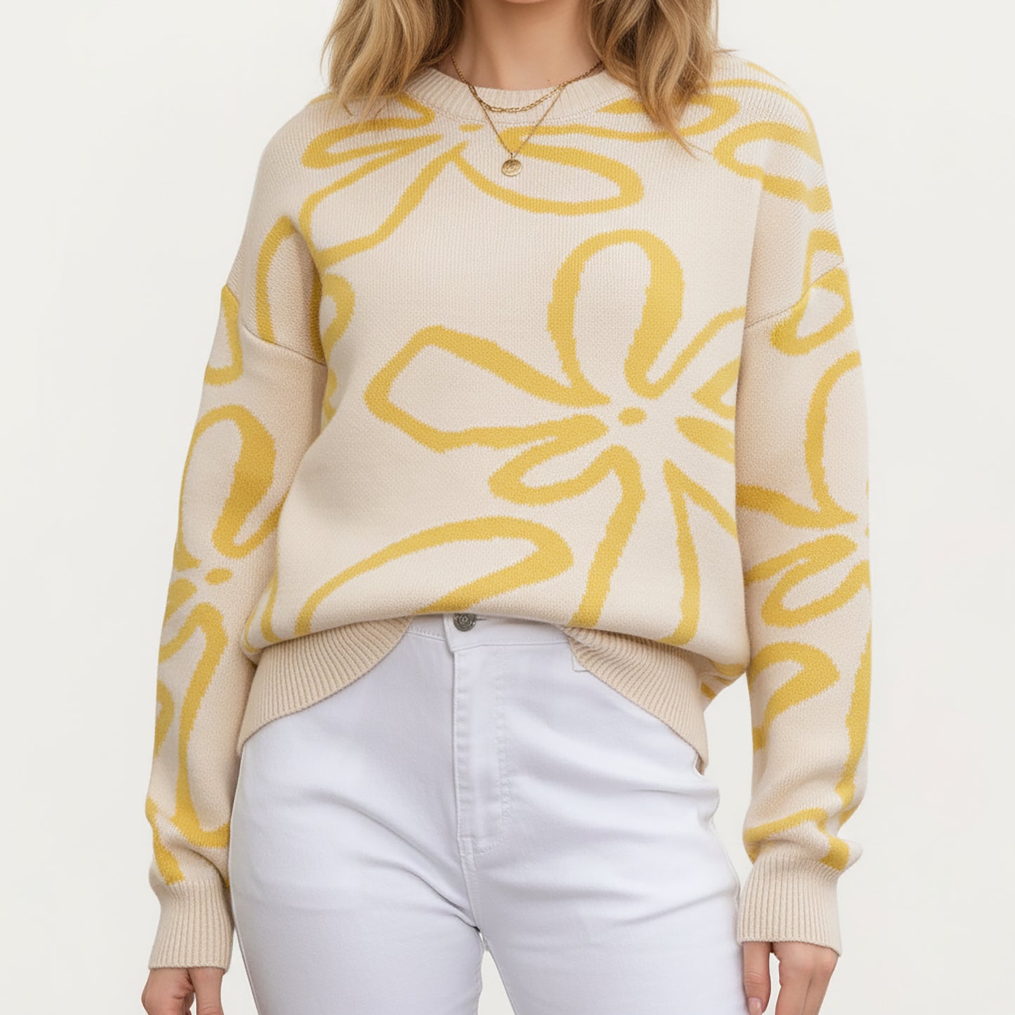 Anna-Kaci Women's Abstract Floral Pattern Knit Sweater with Soft Crew Neckline and Relaxed Long Sleeve Pullover Design