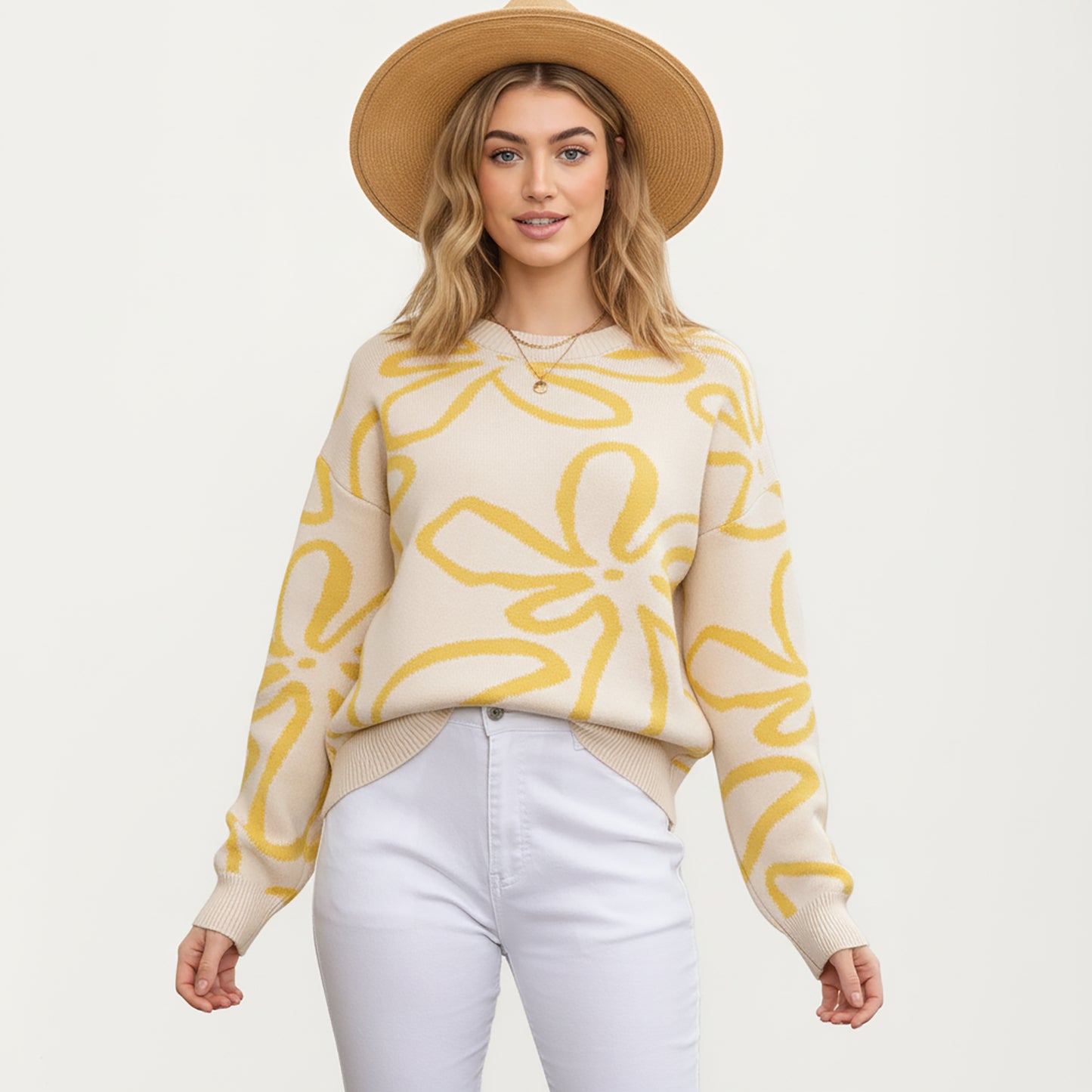 Anna-Kaci Women's Abstract Floral Pattern Knit Sweater with Soft Crew Neckline and Relaxed Long Sleeve Pullover Design