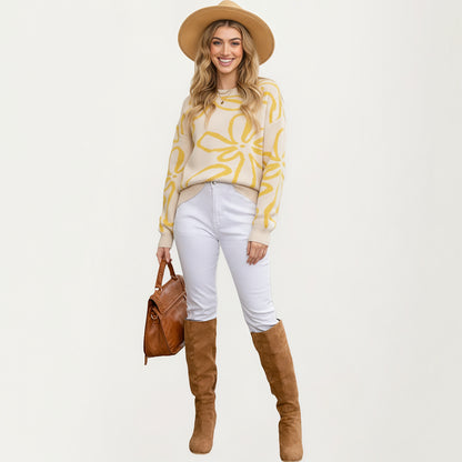 Anna-Kaci Women's Abstract Floral Pattern Knit Sweater with Soft Crew Neckline and Relaxed Long Sleeve Pullover Design