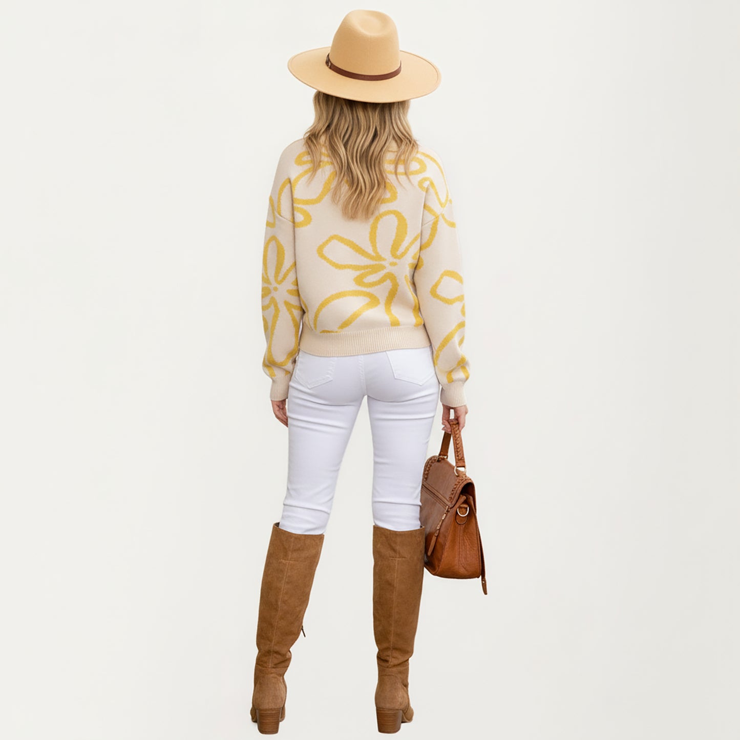 Anna-Kaci Women's Abstract Floral Pattern Knit Sweater with Soft Crew Neckline and Relaxed Long Sleeve Pullover Design