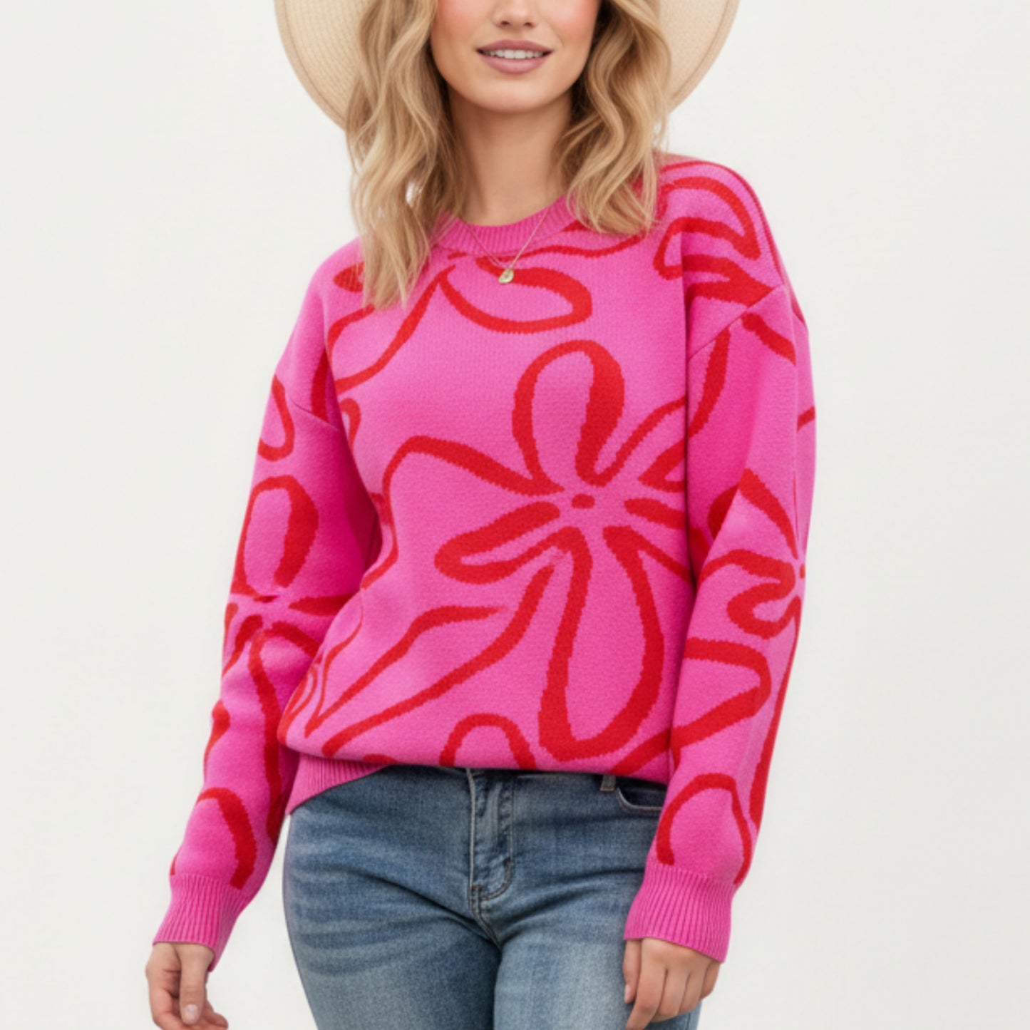 Anna-Kaci Women's Abstract Floral Pattern Knit Sweater with Soft Crew Neckline and Relaxed Long Sleeve Pullover Design