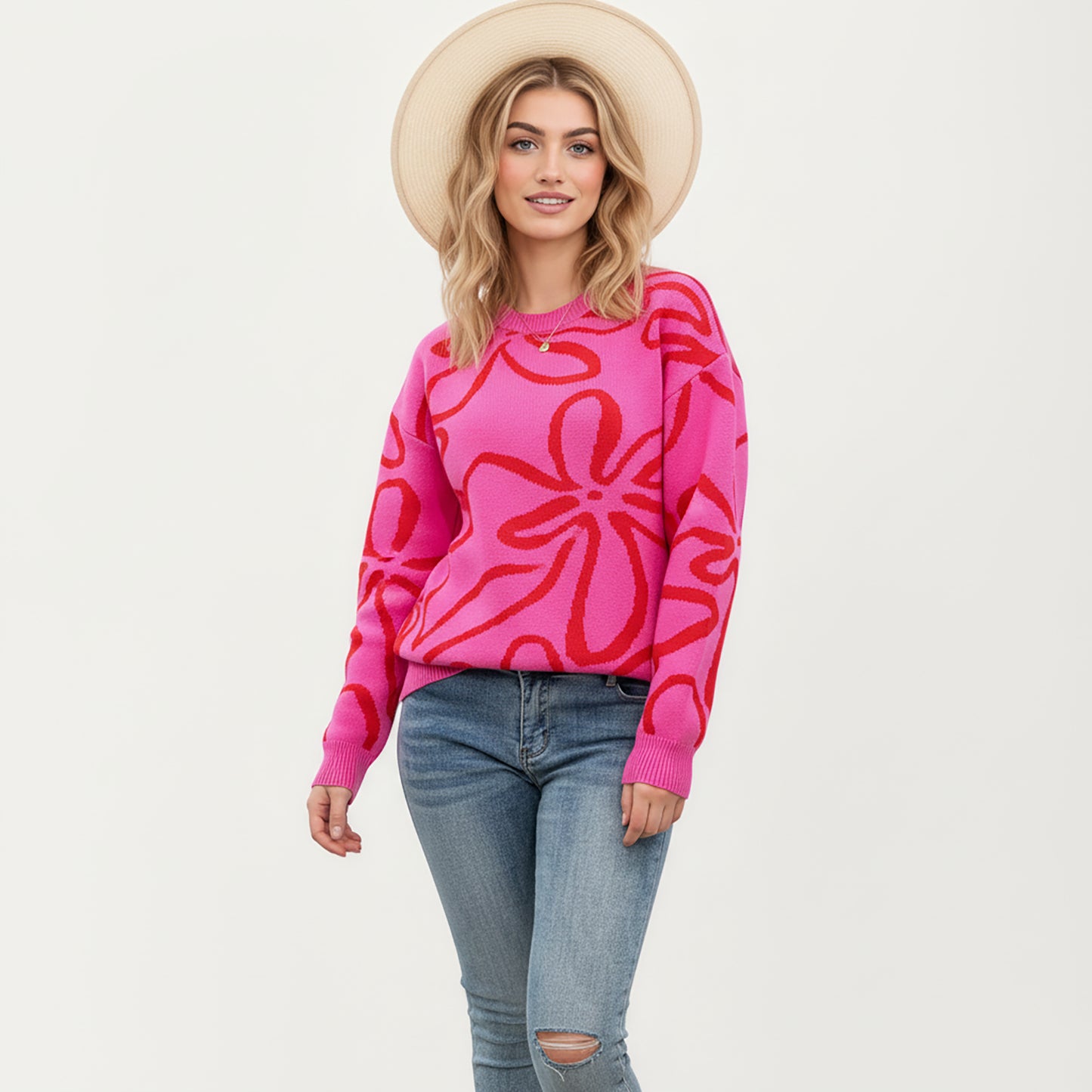 Anna-Kaci Women's Abstract Floral Pattern Knit Sweater with Soft Crew Neckline and Relaxed Long Sleeve Pullover Design