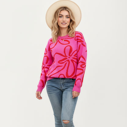 Anna-Kaci Women's Abstract Floral Pattern Knit Sweater with Soft Crew Neckline and Relaxed Long Sleeve Pullover Design