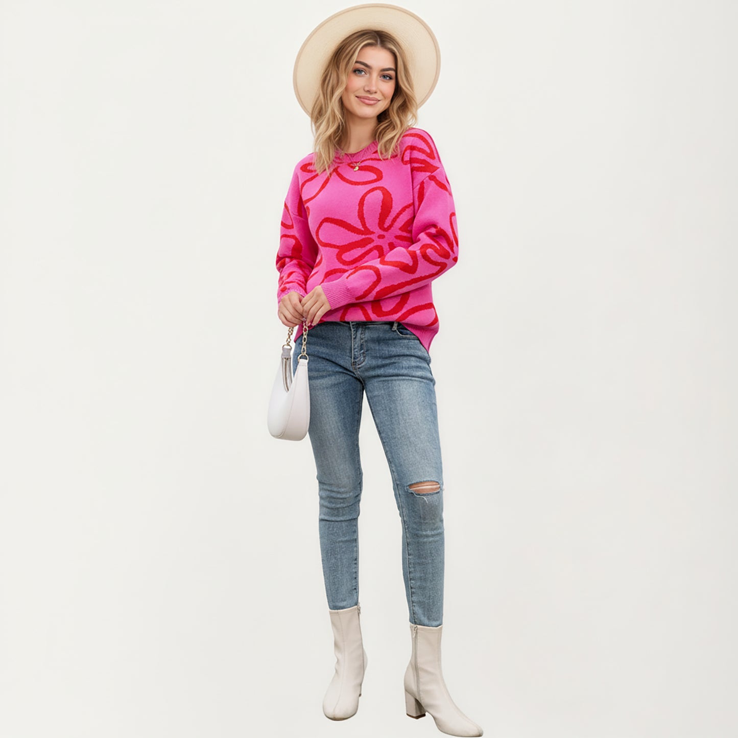 Anna-Kaci Women's Abstract Floral Pattern Knit Sweater with Soft Crew Neckline and Relaxed Long Sleeve Pullover Design