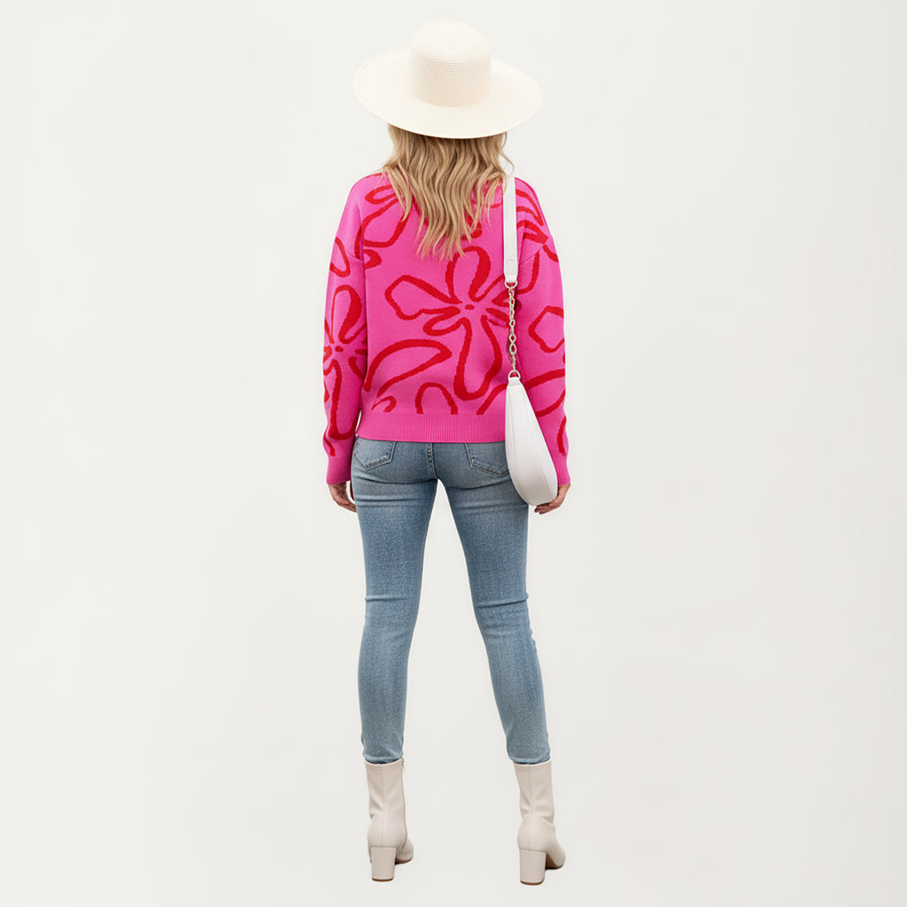 Anna-Kaci Women's Abstract Floral Pattern Knit Sweater with Soft Crew Neckline and Relaxed Long Sleeve Pullover Design