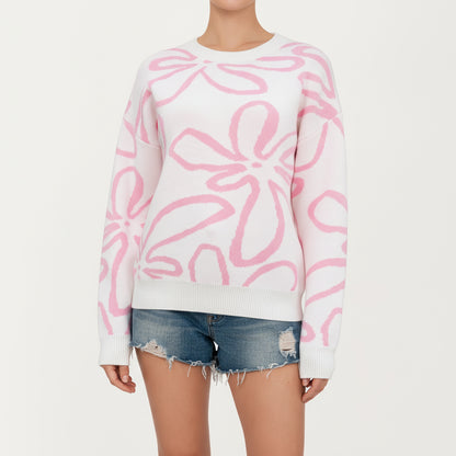 Anna-Kaci Women's Abstract Floral Pattern Knit Sweater with Soft Crew Neckline and Relaxed Long Sleeve Pullover Design