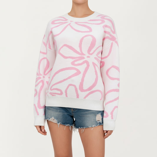 Anna-Kaci Women's Abstract Floral Pattern Knit Sweater with Soft Crew Neckline and Relaxed Long Sleeve Pullover Design
