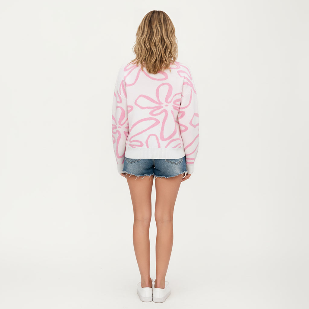 Anna-Kaci Women's Abstract Floral Pattern Knit Sweater with Soft Crew Neckline and Relaxed Long Sleeve Pullover Design