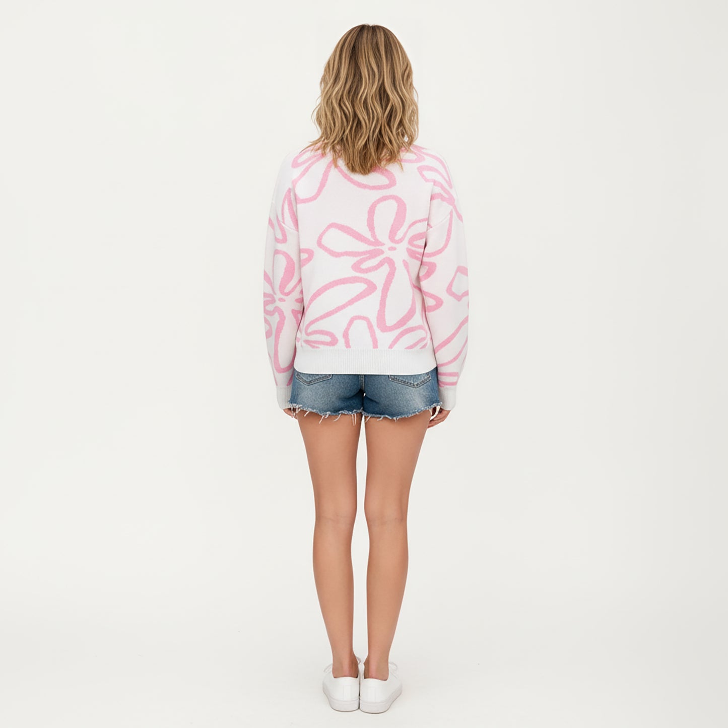 Anna-Kaci Women's Abstract Floral Pattern Knit Sweater with Soft Crew Neckline and Relaxed Long Sleeve Pullover Design