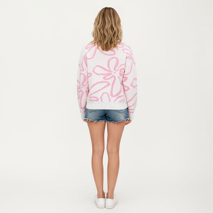 Anna-Kaci Women's Abstract Floral Pattern Knit Sweater with Soft Crew Neckline and Relaxed Long Sleeve Pullover Design