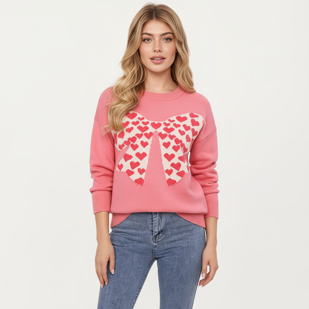 Anna-Kaci Women's Heart Bow Knit Sweater with Playful Graphic Design, Soft Crew Neck Fit and Cozy Long Sleeve Detailing