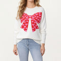 Anna-Kaci Women's Heart Bow Knit Sweater with Playful Graphic Design, Soft Crew Neck Fit and Cozy Long Sleeve Detailing