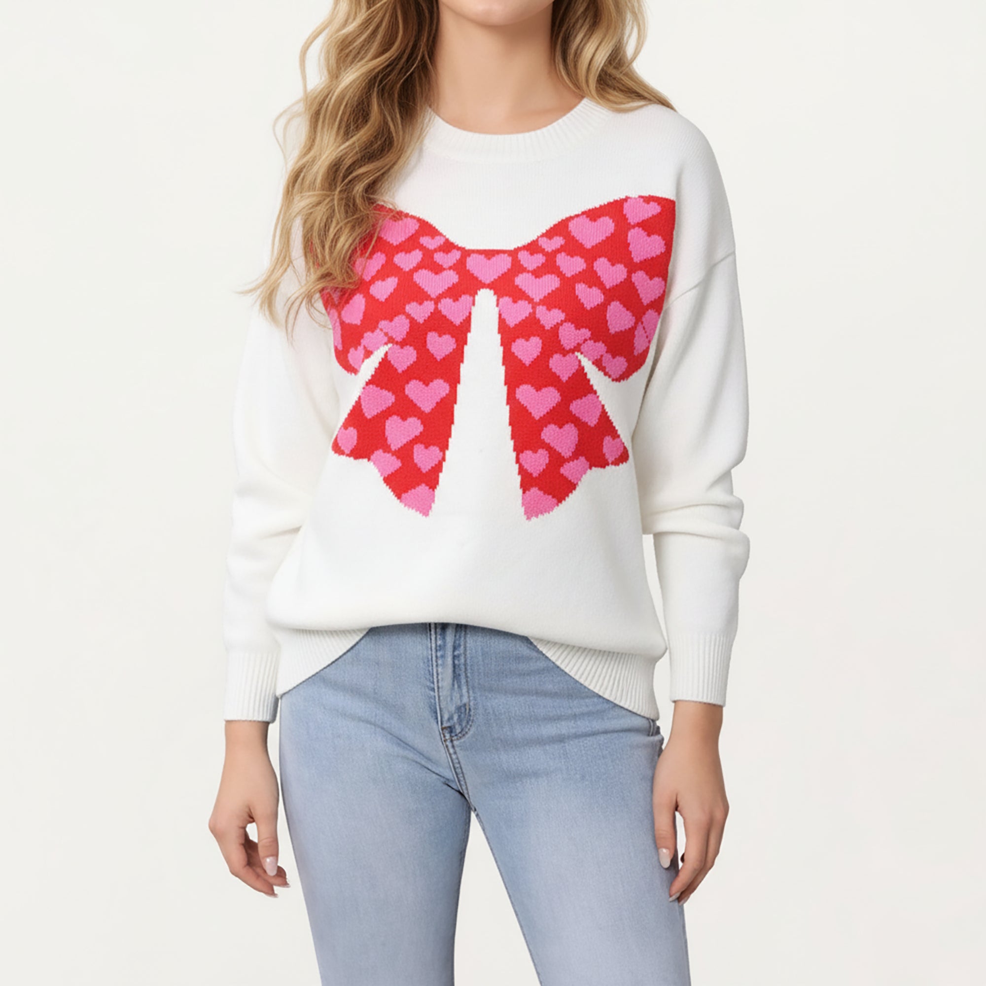 Anna-Kaci Women's Heart Bow Knit Sweater with Playful Graphic Design, Soft Crew Neck Fit and Cozy Long Sleeve Detailing