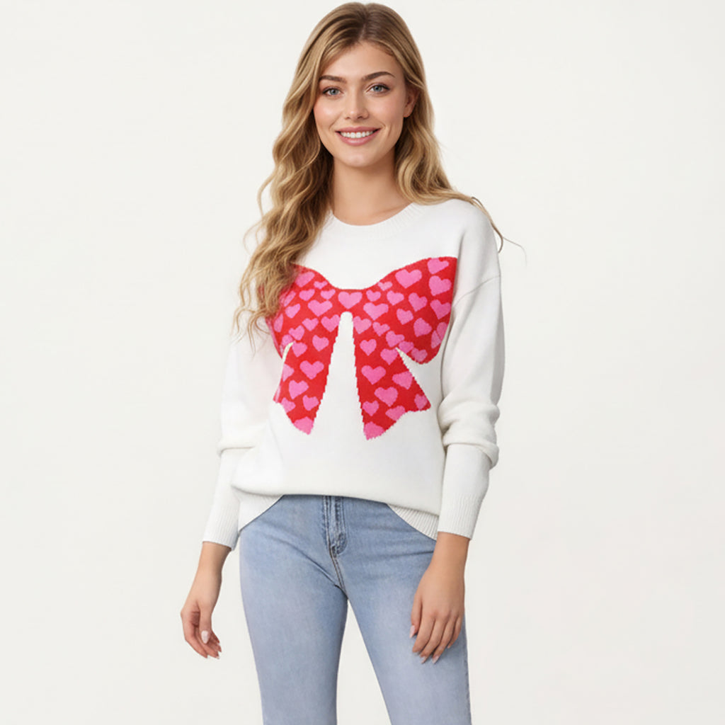 Anna-Kaci Women's Heart Bow Knit Sweater with Playful Graphic Design, Soft Crew Neck Fit and Cozy Long Sleeve Detailing