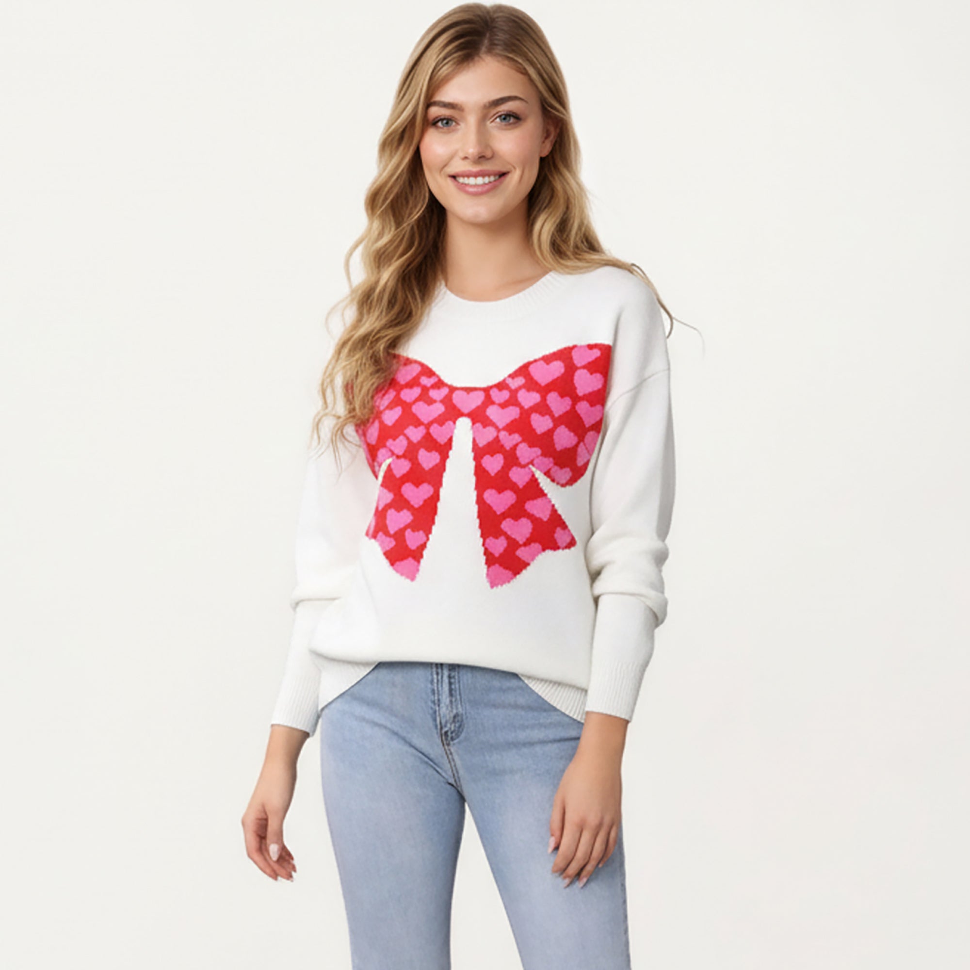 Anna-Kaci Women's Heart Bow Knit Sweater with Playful Graphic Design, Soft Crew Neck Fit and Cozy Long Sleeve Detailing