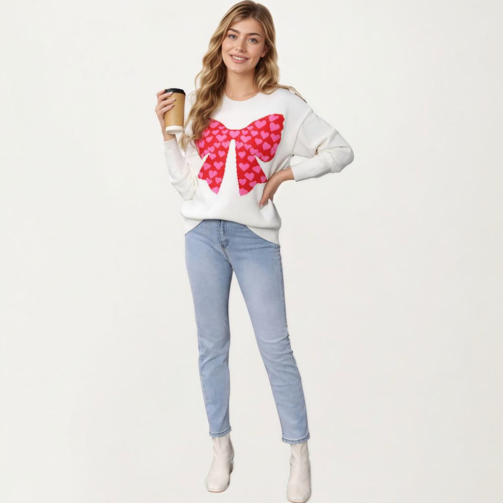 Anna-Kaci Women's Heart Bow Knit Sweater with Playful Graphic Design, Soft Crew Neck Fit and Cozy Long Sleeve Detailing