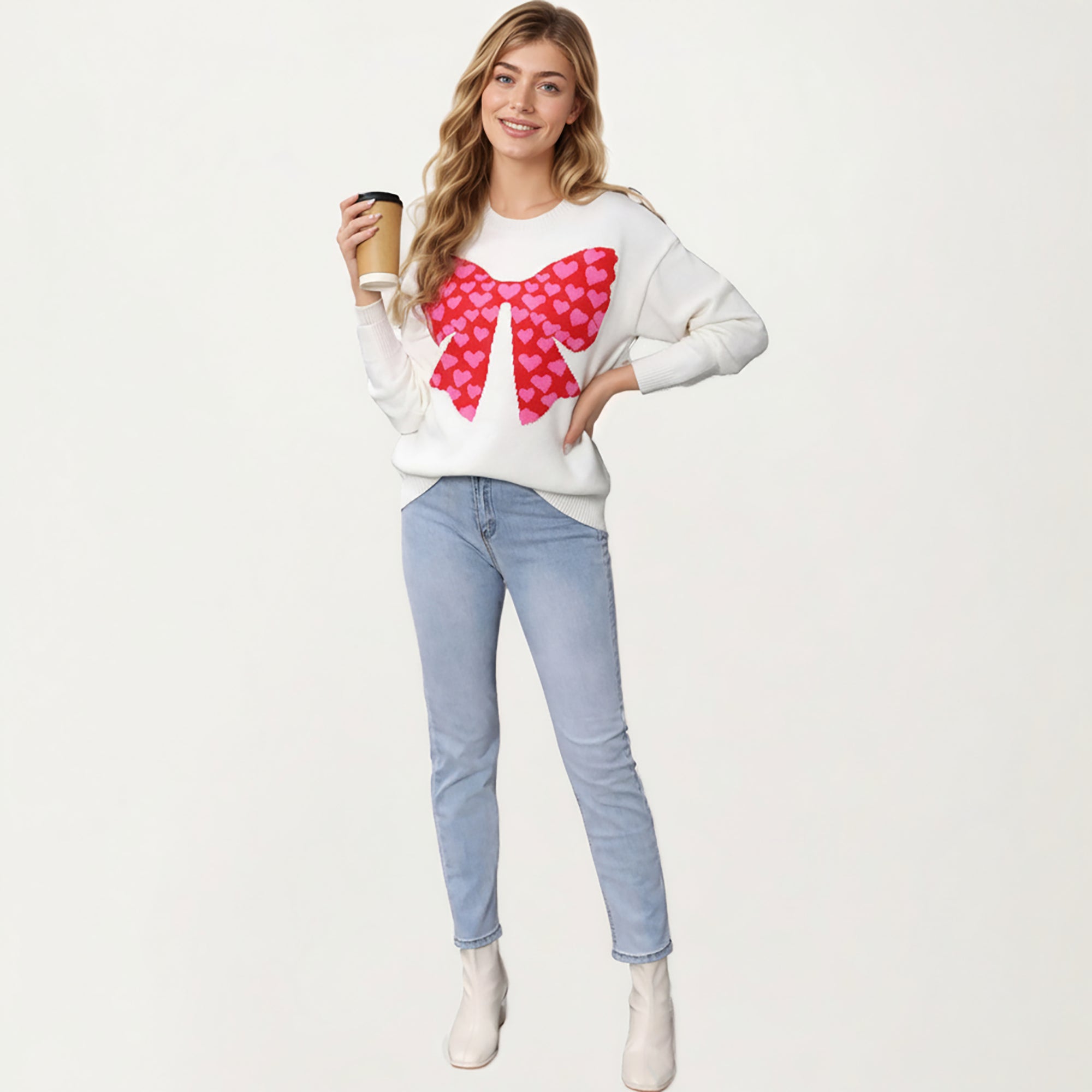 Anna-Kaci Women's Heart Bow Knit Sweater with Playful Graphic Design, Soft Crew Neck Fit and Cozy Long Sleeve Detailing