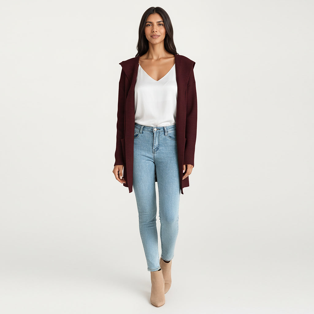 Anna-Kaci Women's Long Sleeve Knit Cardigan with Open Front Design, Relaxed Hood Detail and Soft Textured Fabric