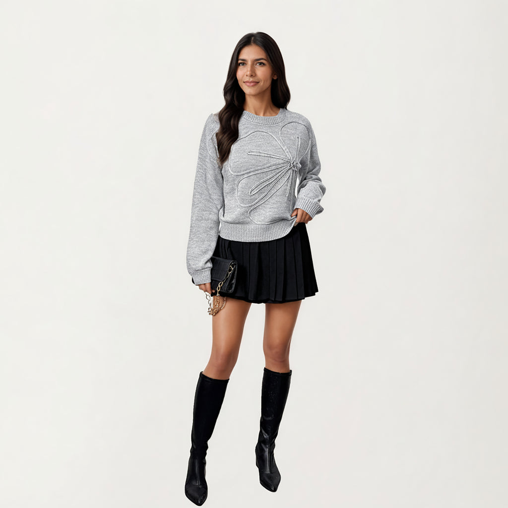 Anna-Kaci Women's Long Sleeve Knit Top with Dimensional Ribbon Design and Soft Textured Fabric for Stylish Everyday Wear