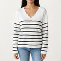Anna-Kaci Women's Long Sleeve Striped Knit Top with Scalloped V-Neckline and Soft Textured Fabric for Effortless Everyday Style