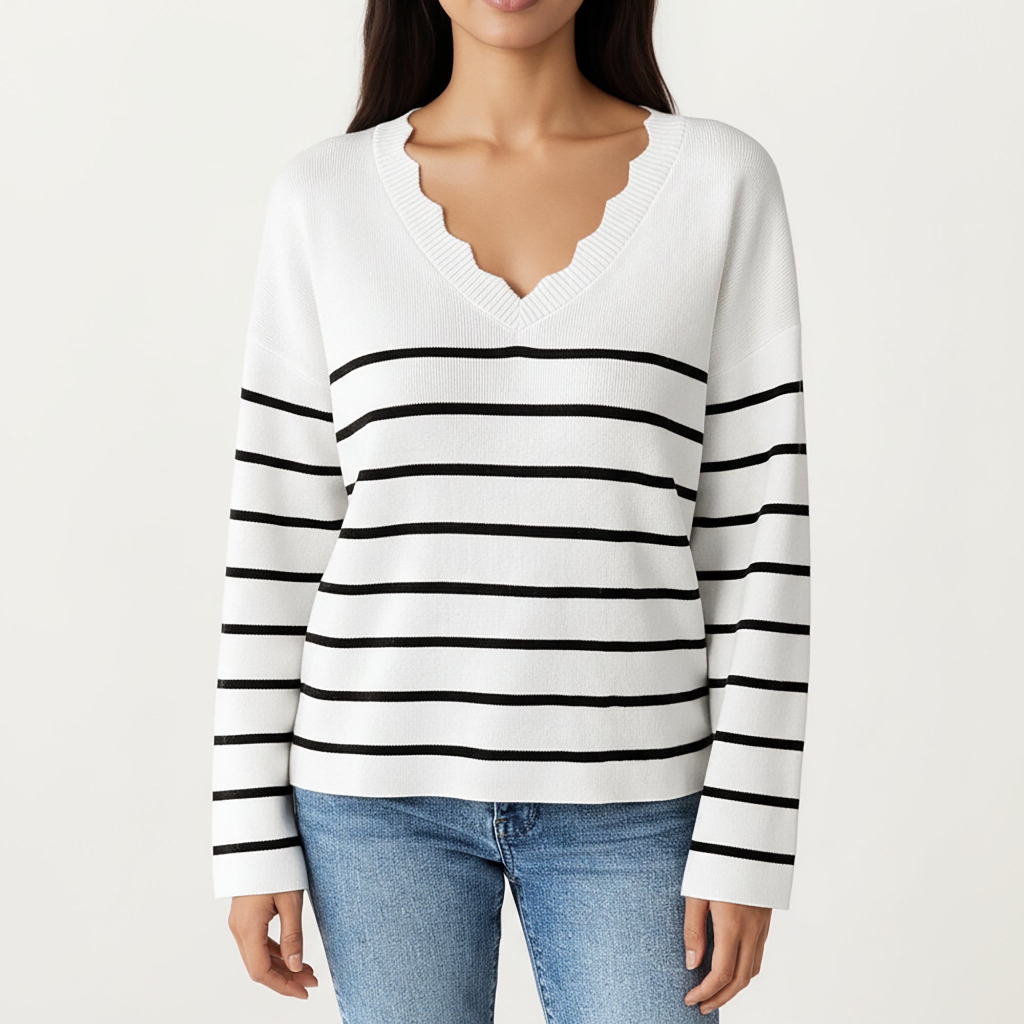 Anna-Kaci Women's Long Sleeve Striped Knit Top with Scalloped V-Neckline and Soft Textured Fabric for Effortless Everyday Style