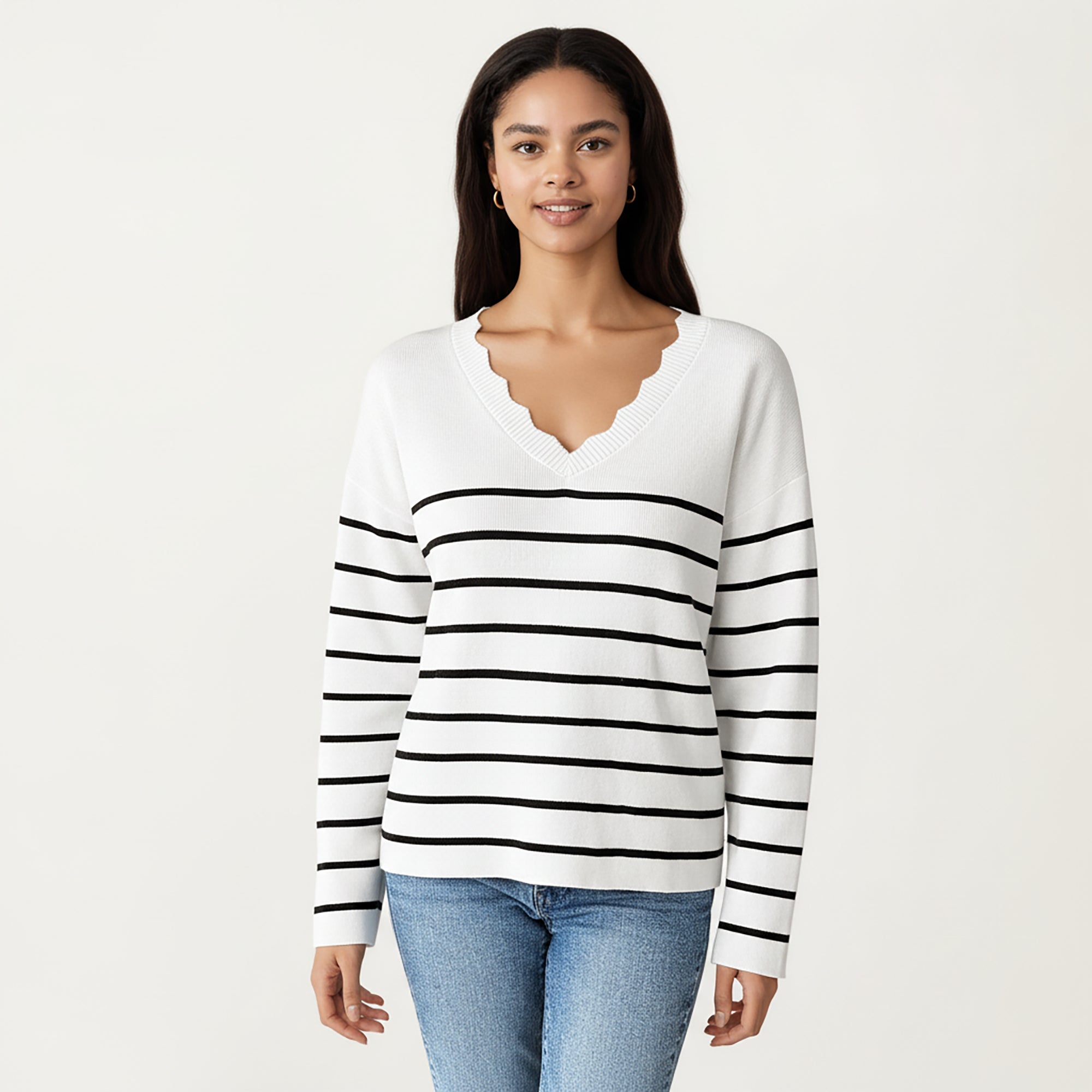 Anna-Kaci Women's Long Sleeve Striped Knit Top with Scalloped V-Neckline and Soft Textured Fabric for Effortless Everyday Style