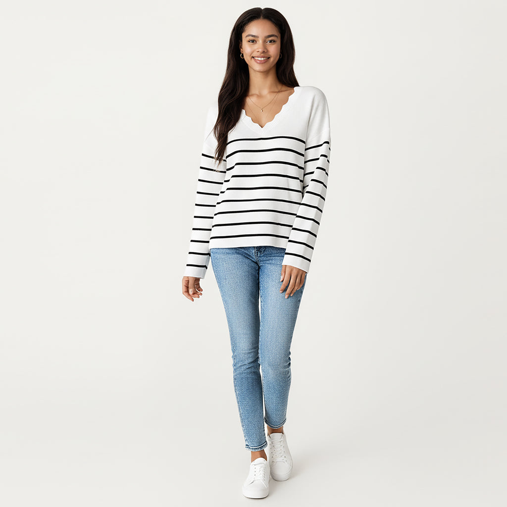 Anna-Kaci Women's Long Sleeve Striped Knit Top with Scalloped V-Neckline and Soft Textured Fabric for Effortless Everyday Style