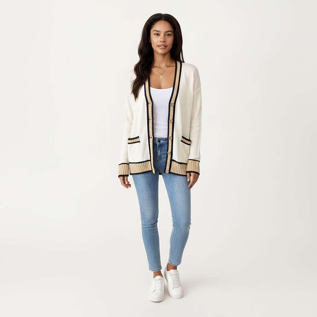 Anna-Kaci Women's Long Sleeve Button Front Cardigan Top with Contrast Ribbed Trim and Relaxed Fit Open Front Silhouette