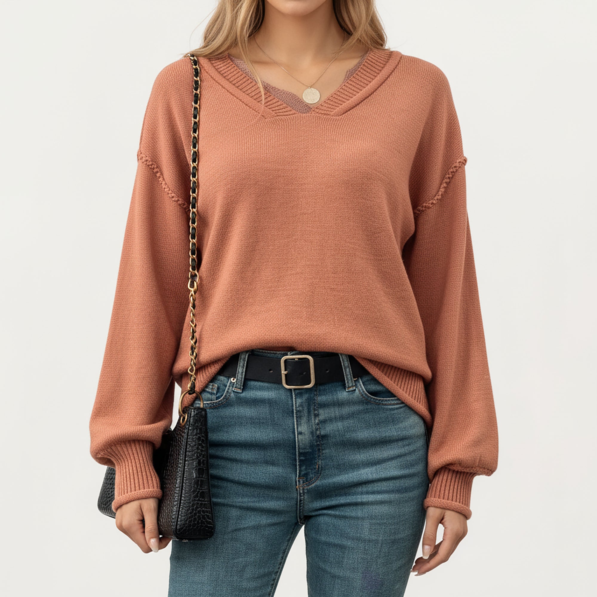 Anna-Kaci Women's V-Neck Long Sleeve Knit Top with Soft Textured Finish and Layered Collar Detail for a Relaxed Chic Silhouette