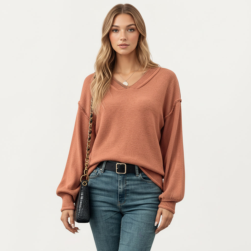 Anna-Kaci Women's V-Neck Long Sleeve Knit Top with Soft Textured Finish and Layered Collar Detail for a Relaxed Chic Silhouette