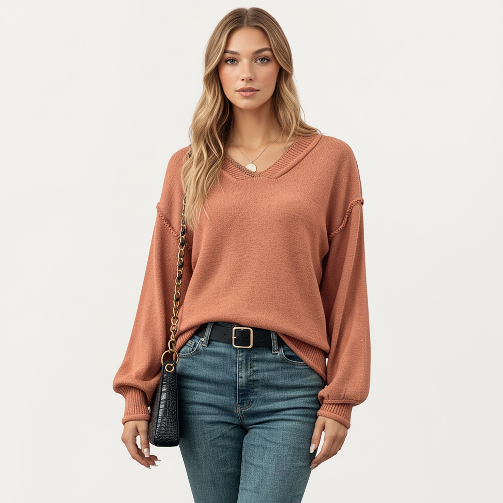 Anna-Kaci Women's V-Neck Long Sleeve Knit Top with Soft Textured Finish and Layered Collar Detail for a Relaxed Chic Silhouette