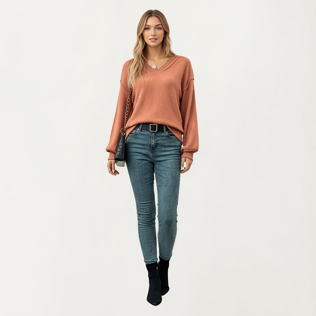 Anna-Kaci Women's V-Neck Long Sleeve Knit Top with Soft Textured Finish and Layered Collar Detail for a Relaxed Chic Silhouette