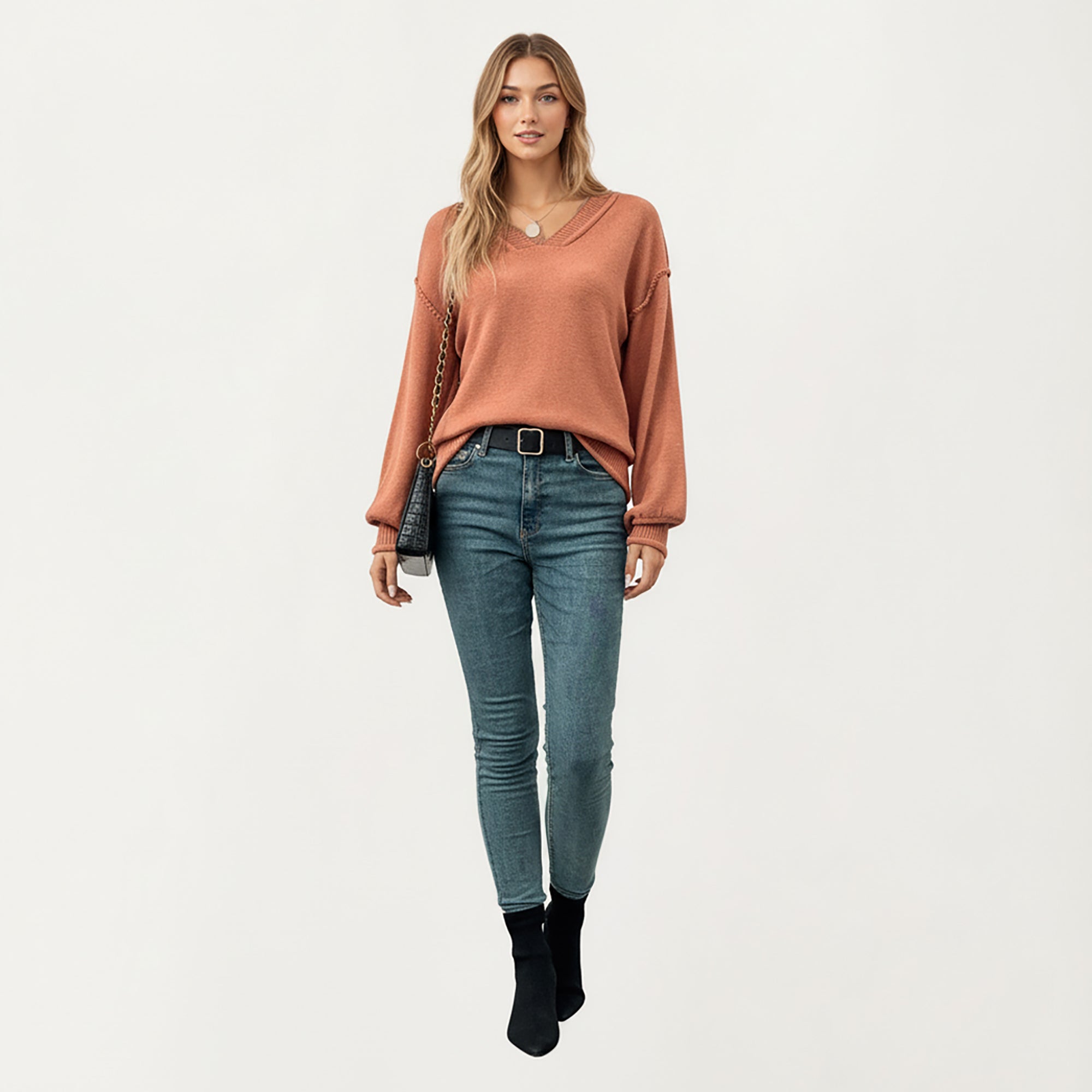 Anna-Kaci Women's V-Neck Long Sleeve Knit Top with Soft Textured Finish and Layered Collar Detail for a Relaxed Chic Silhouette