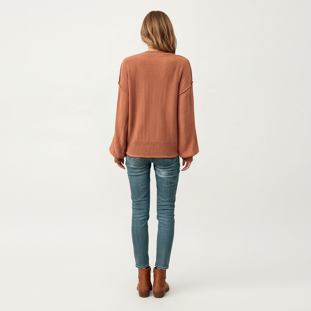 Anna-Kaci Women's V-Neck Long Sleeve Knit Top with Soft Textured Finish and Layered Collar Detail for a Relaxed Chic Silhouette