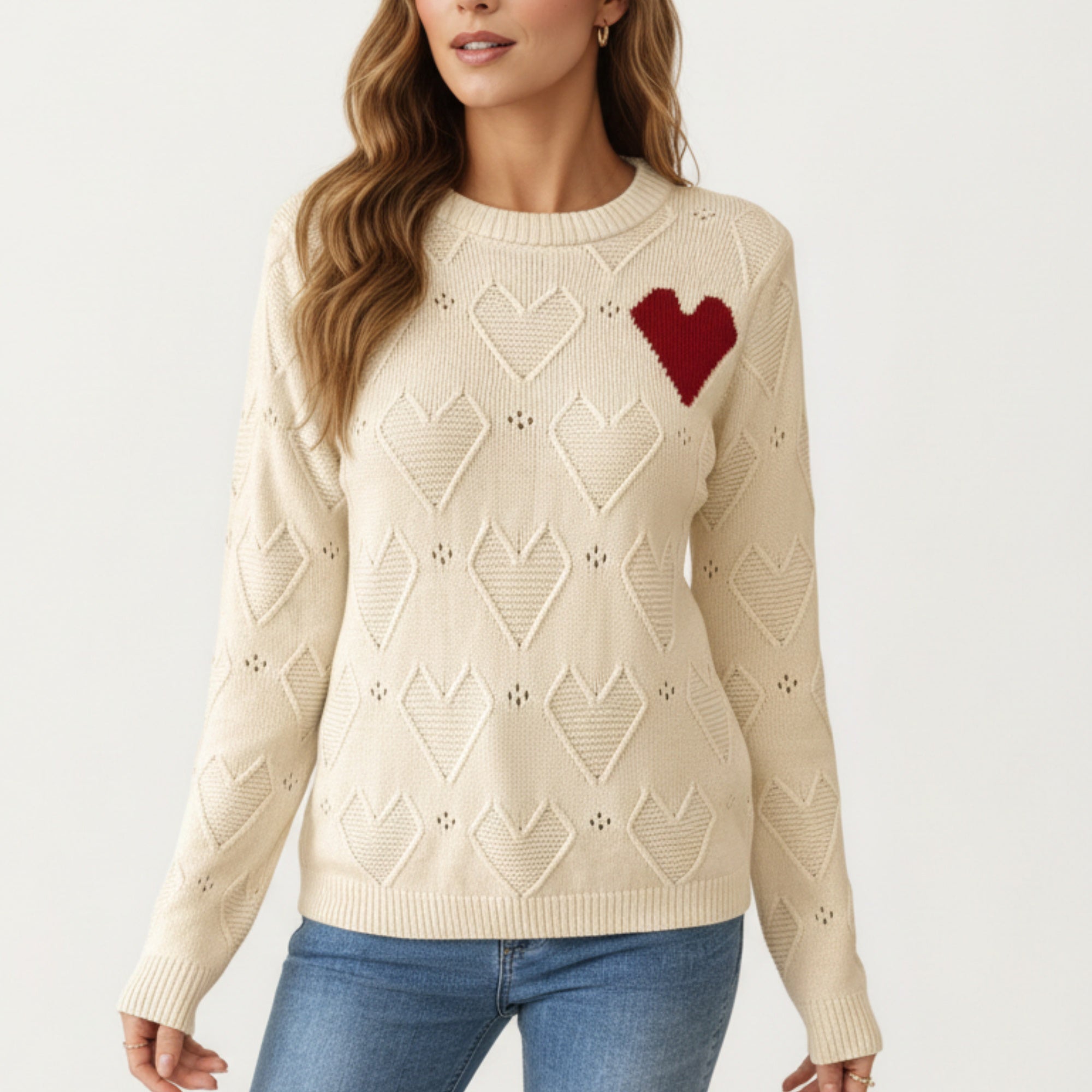 Anna-Kaci Women's Knit Top with Textured Heart Pattern and Contrast Heart Accent Detail in a Soft Cozy Pullover Design