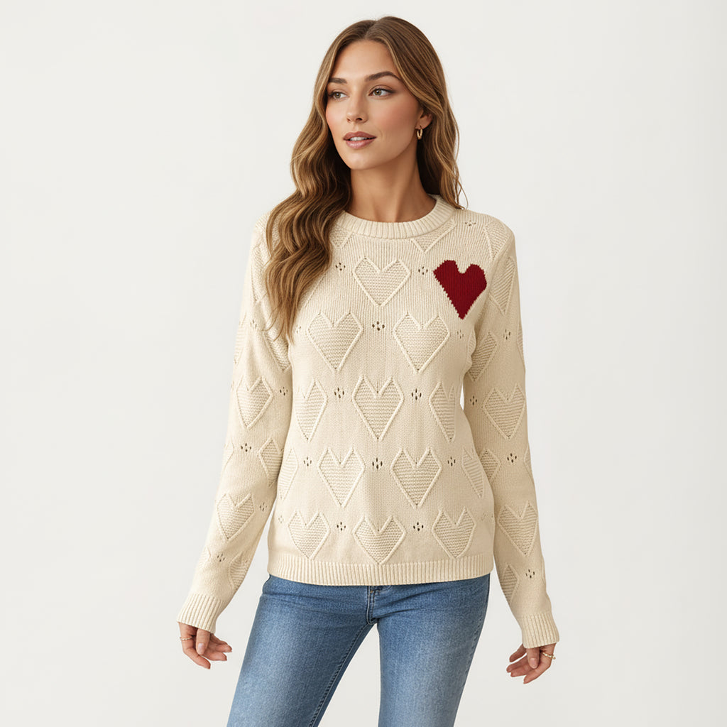 Anna-Kaci Women's Knit Top with Textured Heart Pattern and Contrast Heart Accent Detail in a Soft Cozy Pullover Design