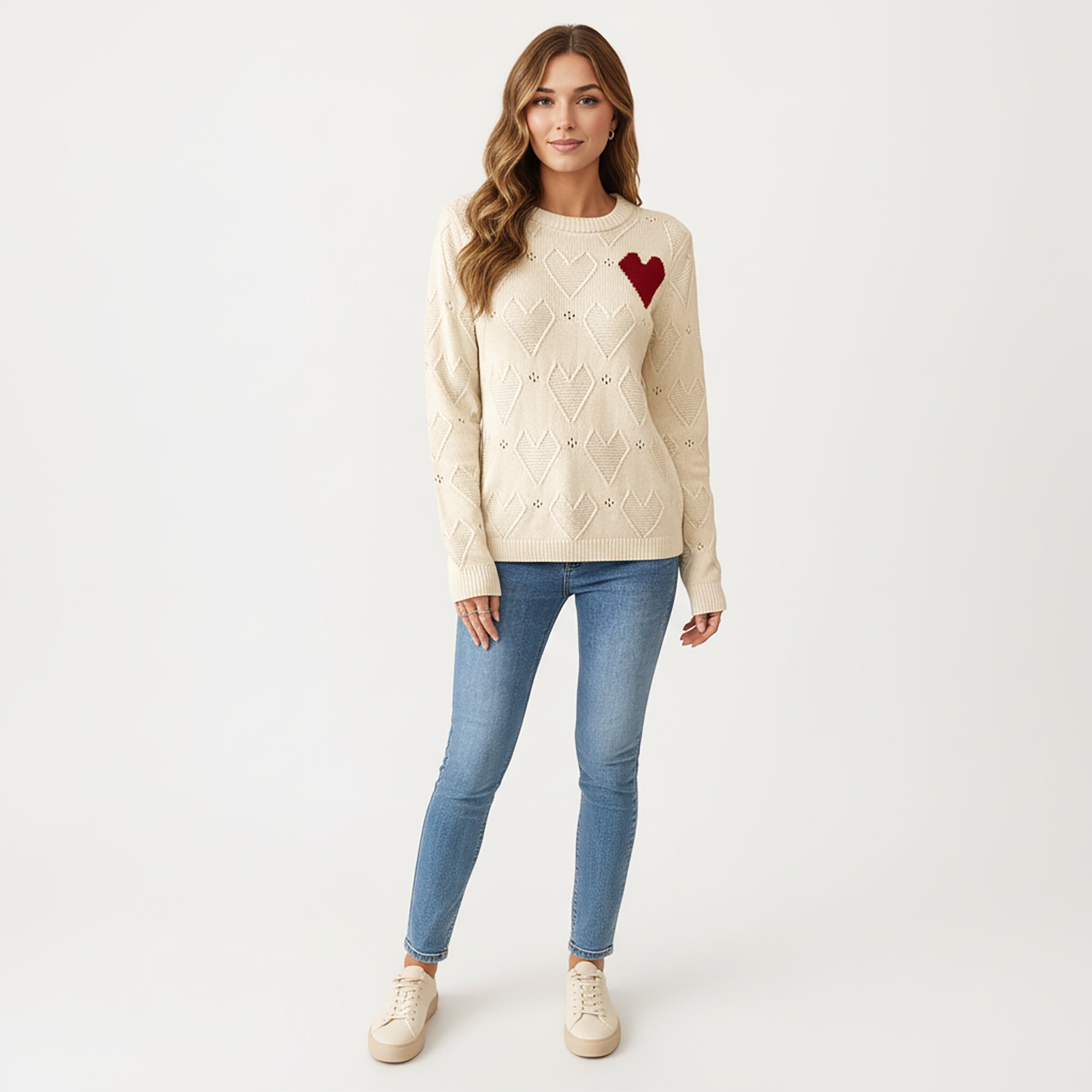 Anna-Kaci Women's Knit Top with Textured Heart Pattern and Contrast Heart Accent Detail in a Soft Cozy Pullover Design