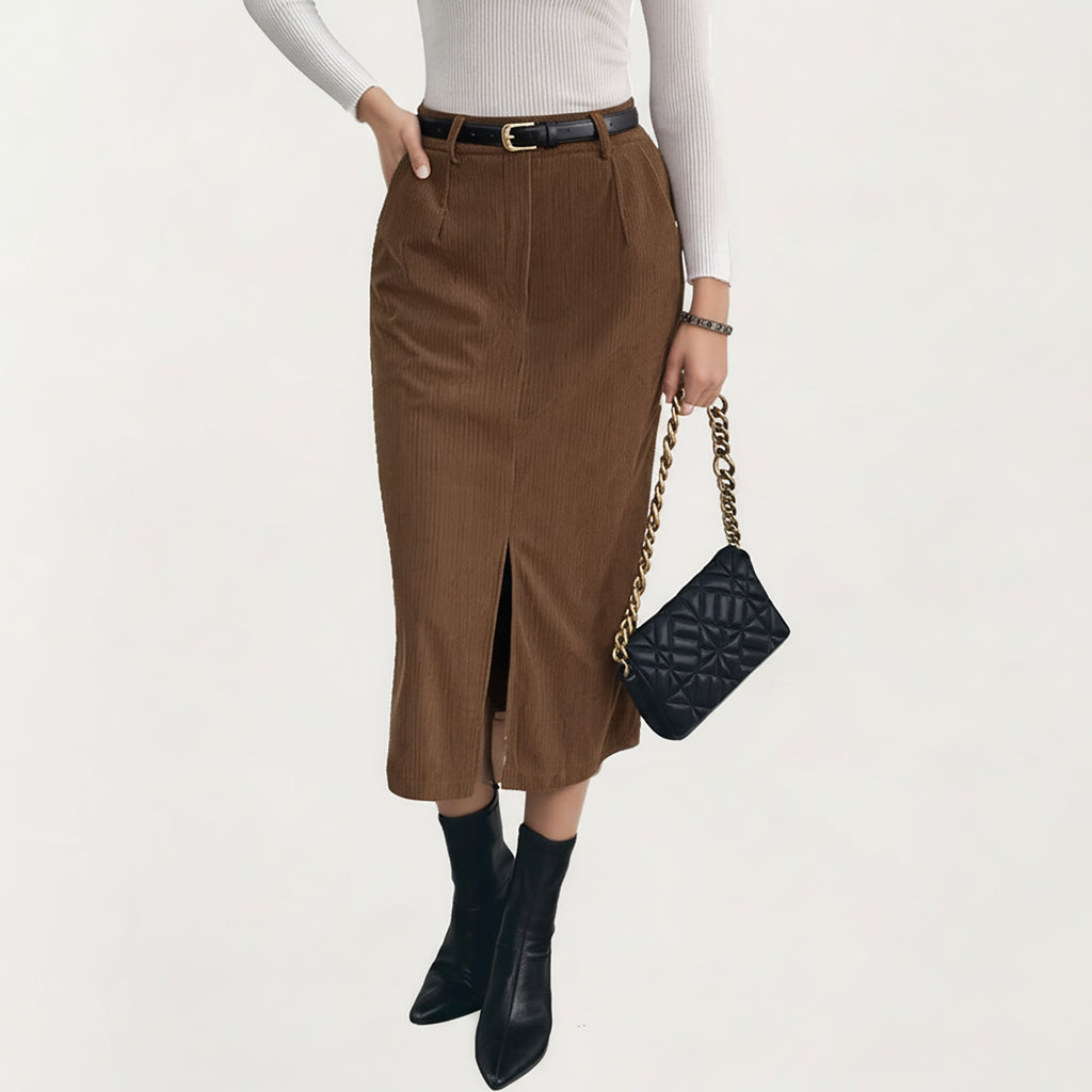 Anna-Kaci Women's High Waist Corduroy Midi Skirt with Front Center Slit and Soft Textured Paneling for a Tailored Silhouette