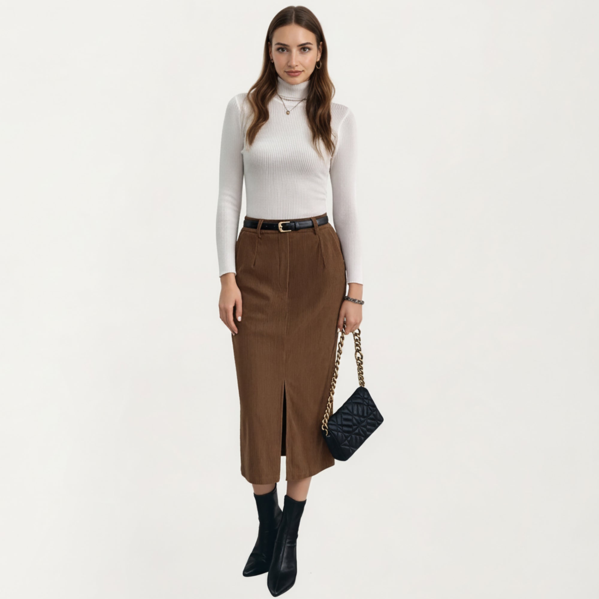 Anna-Kaci Women's High Waist Corduroy Midi Skirt with Front Center Slit and Soft Textured Paneling for a Tailored Silhouette