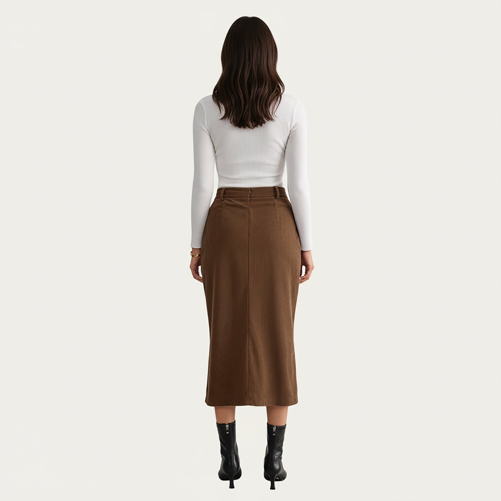 Anna-Kaci Women's High Waist Corduroy Midi Skirt with Front Center Slit and Soft Textured Paneling for a Tailored Silhouette