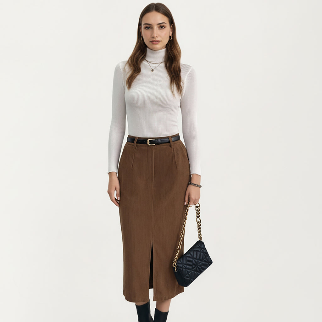 Anna-Kaci Women's High Waist Corduroy Midi Skirt with Front Center Slit and Soft Textured Paneling for a Tailored Silhouette
