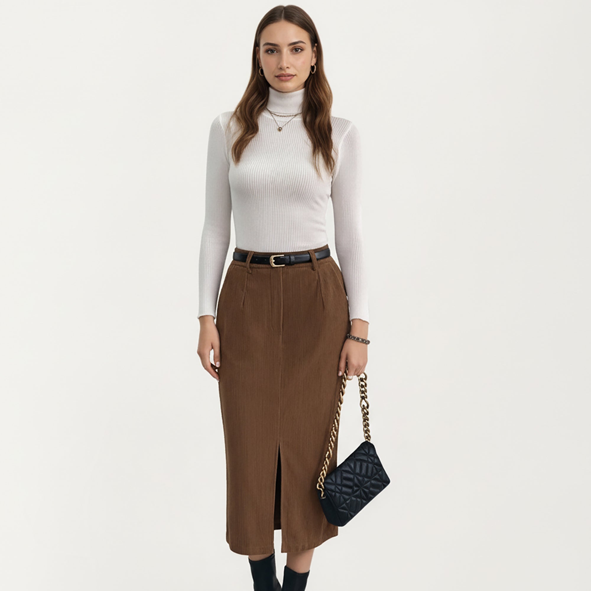 Anna-Kaci Women's High Waist Corduroy Midi Skirt with Front Center Slit and Soft Textured Paneling for a Tailored Silhouette