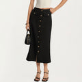 Anna-Kaci Women's High Waist Midi Skirt with Front Button Detailing, Faux Flap Pockets and Sleek Tailored Silhouette