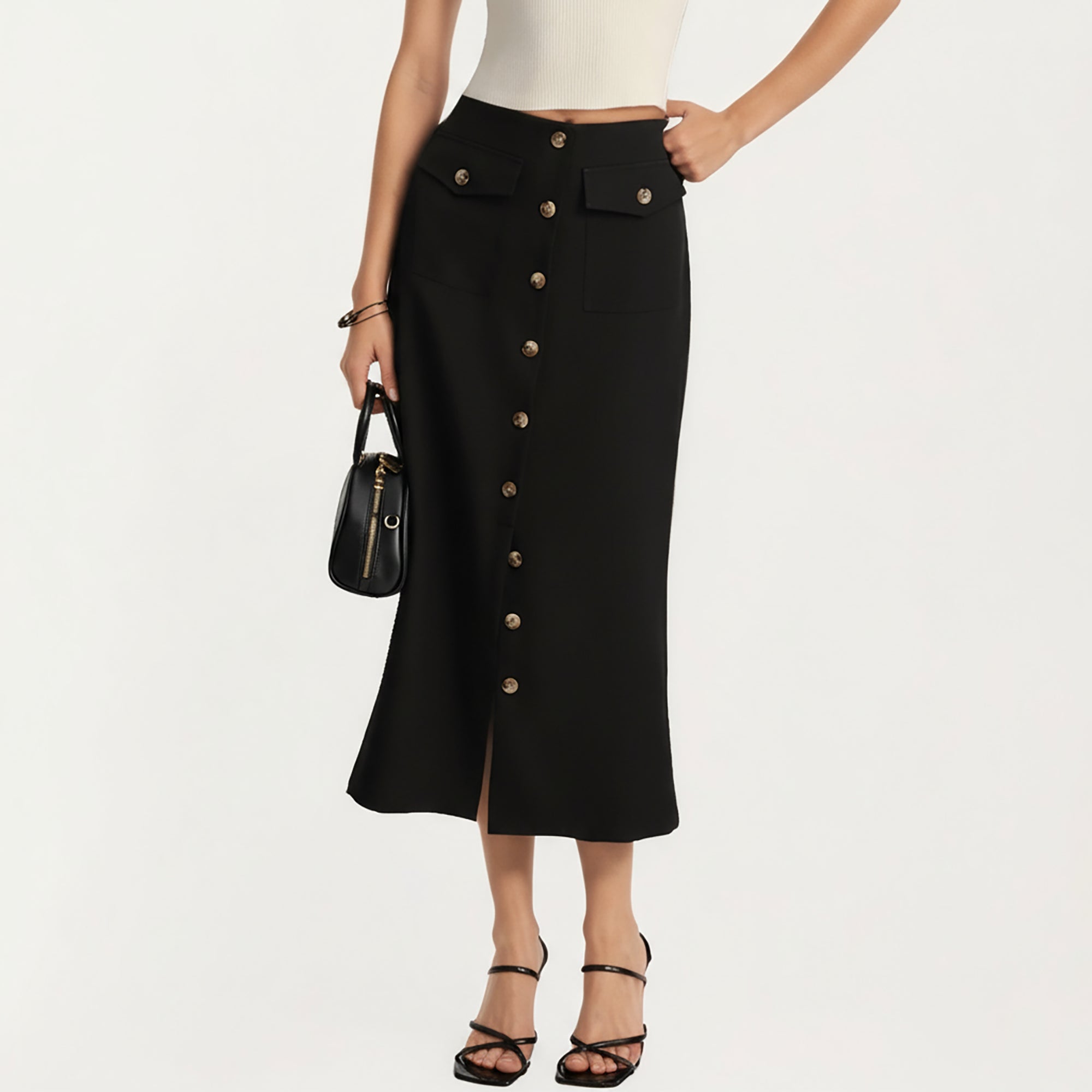 Anna-Kaci Women's High Waist Midi Skirt with Front Button Detailing, Faux Flap Pockets and Sleek Tailored Silhouette