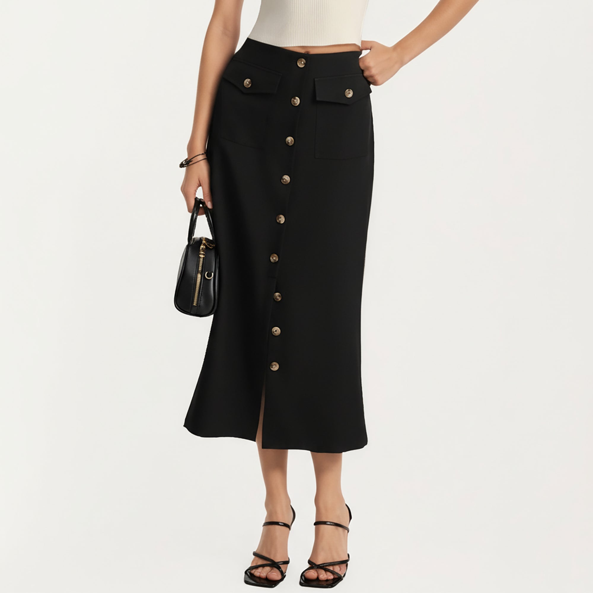 Anna-Kaci Women's High Waist Midi Skirt with Front Button Detailing, Faux Flap Pockets and Sleek Tailored Silhouette