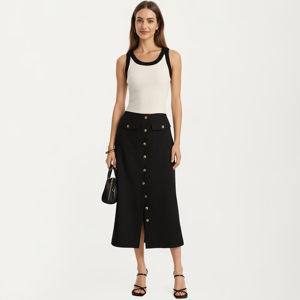 Anna-Kaci Women's High Waist Midi Skirt with Front Button Detailing, Faux Flap Pockets and Sleek Tailored Silhouette