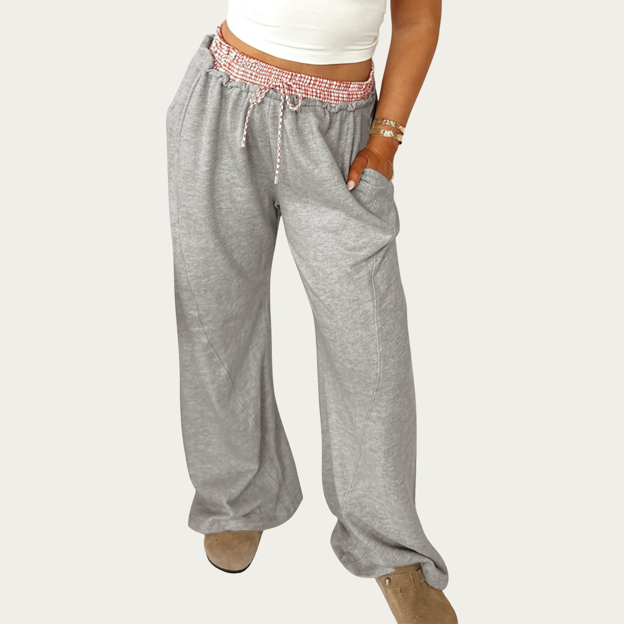 Anna-Kaci Women's Wide Leg Lounge Pants with Soft Stretch Fabric, Elastic Gingham Waistband and Adjustable Drawstring Fit